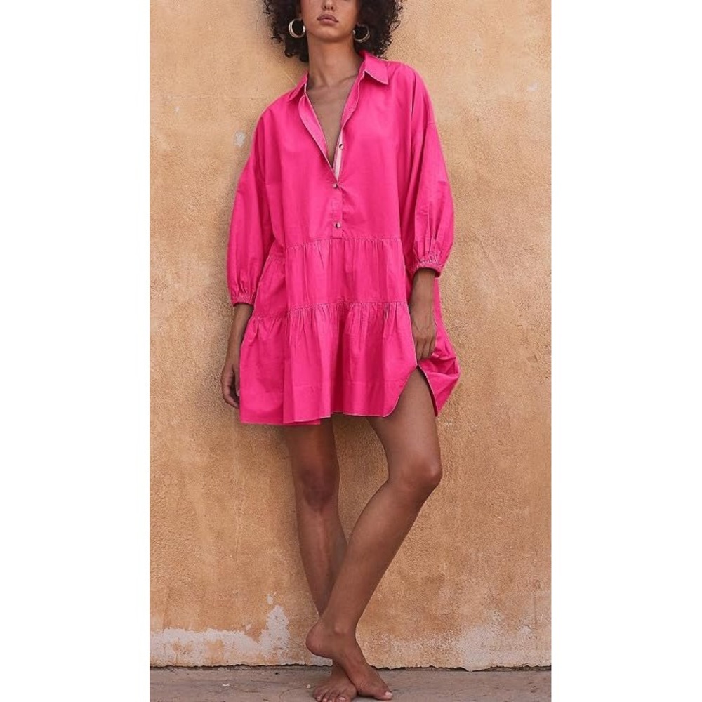 Free People Hot Pink Tiered Cotton Mini Dress Oversized Balloon Sleeve Medium